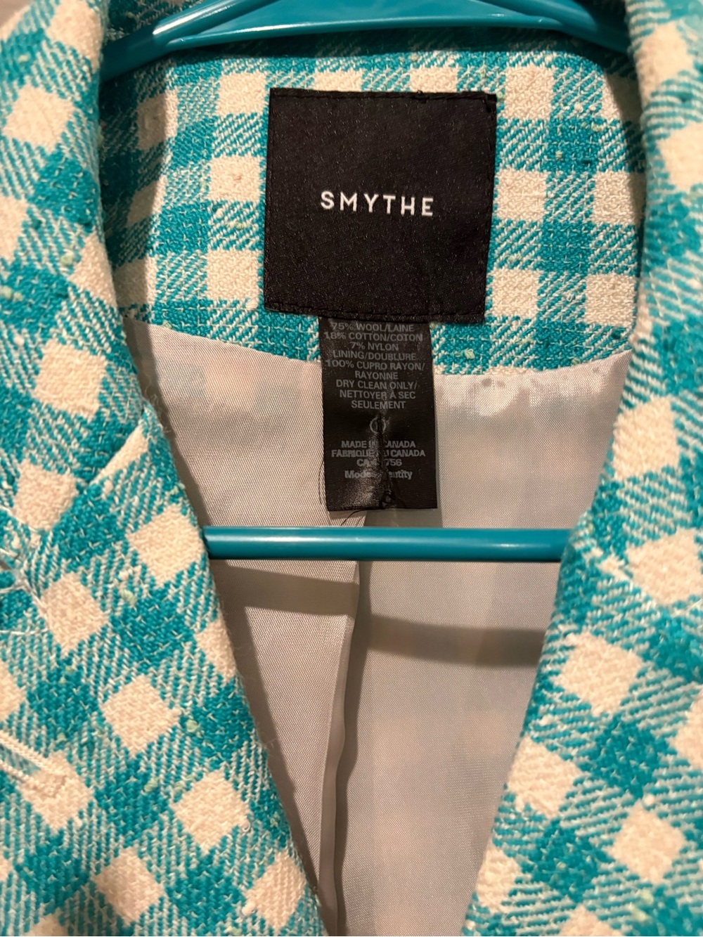 Smythe Pouf Sleeve Aqua Check Gingham Blazer - Picture 8 of 8